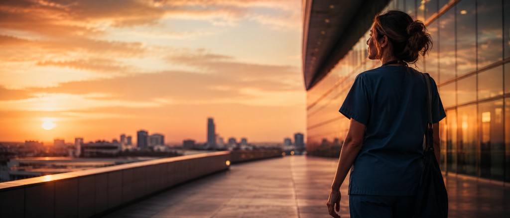 Shift worker standing at sunrise after a long shift, representing shift worker recovery and wellbeing.