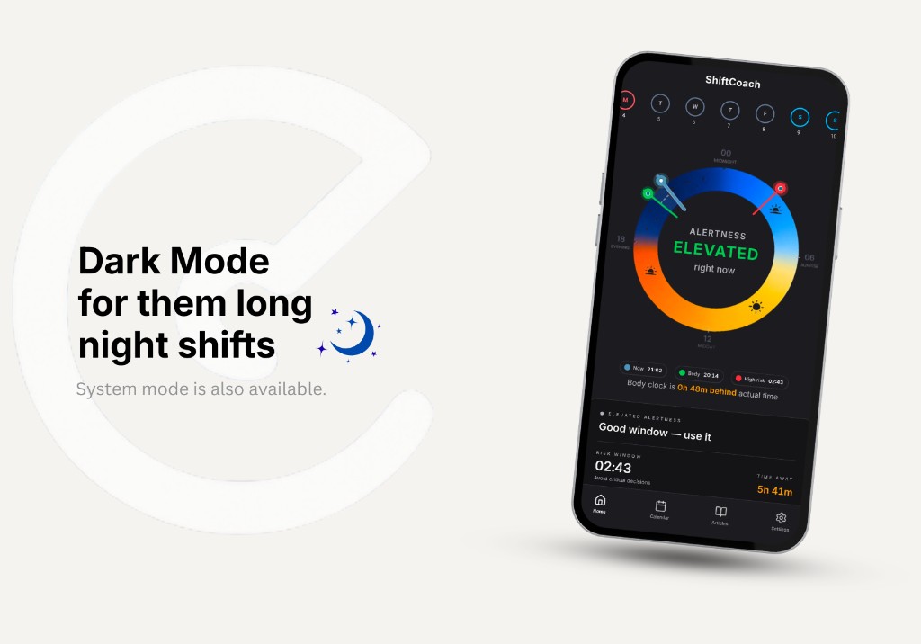 ShiftCoach dark mode banner: headline about night-shift dark theme, moon graphic, note about system mode, and phone mockup showing alertness dial, elevated alertness, risk window, and navigation