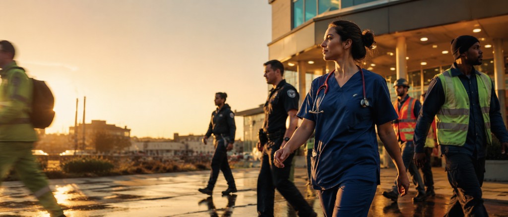 Healthcare, public safety, and essential workers on shift at sunrise — wide banner photograph