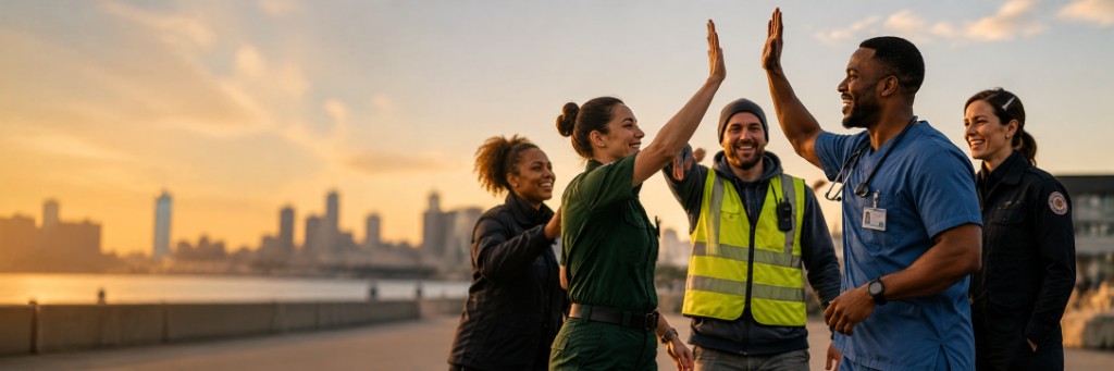 Panoramic sunset by the water: nurses, medics, uniformed professionals, and colleagues in high-vis vests sharing a high-five—shift teams and essential workers together